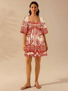 Vestido corto casual de mujer de estilo boho con estampado de plantas tropicales verdes, cuello asimétrico y mangas acampanadas, vestido de verano para vacaciones - Rojo - Ver 7