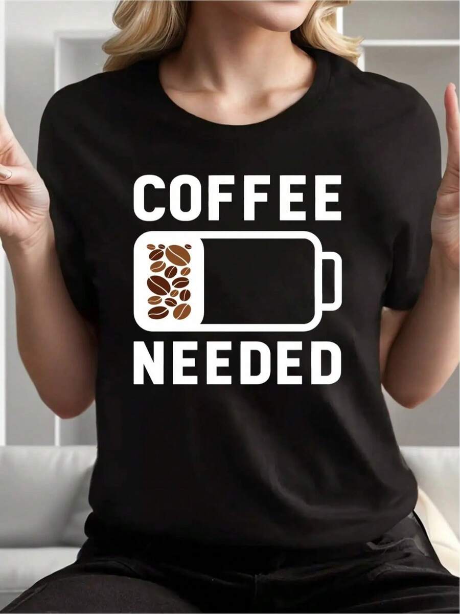 Women's Funny Graphic T-Shirt For Coffee Lovers - Soft And Breathable Crew Neck T-Shirt With Battery Icon And Coffee Bean Design, "I Need Coffee" Slogan, Casual Wear, Office And Travel Essential, Women's Short Sleeve Black T-Shirt, Women's Activewear - 黑色 - 查看 1