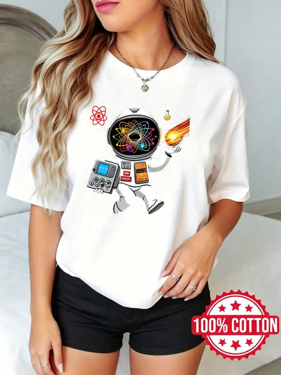 Camiseta estamp de manga corta y cuello redondo para mujer, verano, estilo casual Robot Con Átomo Y Fuego S-3XL 100% aodón material transpirable