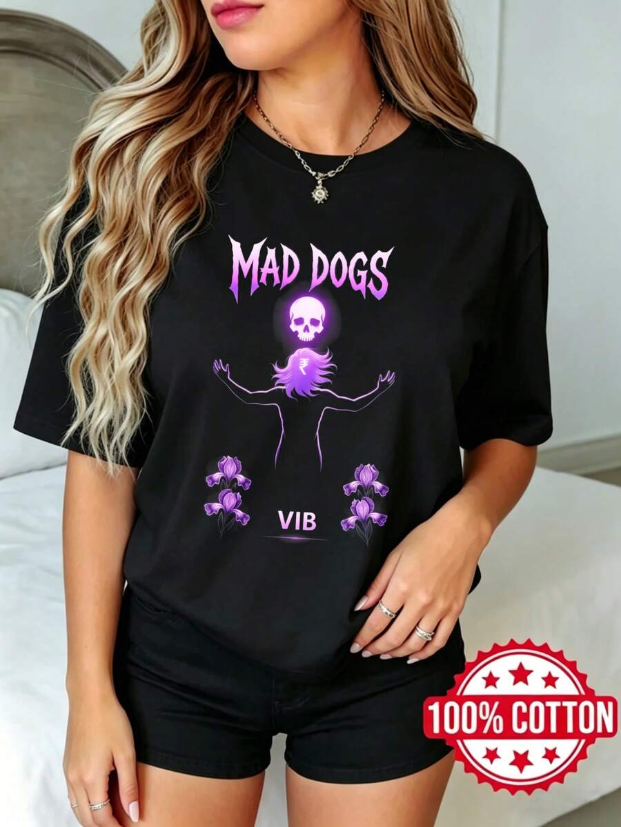 Women's Black Short-Sleeved T-Shirt With Round Neck And Print, Summer Crazy Dogs Skull Vibra Flowers S-3XL Fashion 100% Cotton Material - 黑色 - 查看 1