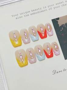 10pcs Handmade Nails Square Nail Tips Acrylic Press On Nails Medium, Western Nails Pink Nails, V-Shape French Tip Nails, Diamond Inlaid, European & American Style Luxury Fall Press On Nails, Y2K Baddie Goth Junk Aesthetic, Winter Nails DIY False Nail Art Party Daily & Dating Use Beach Tropical Getaway Suitable Reusable, For Women & Girls As Gift Nail Supplies - Multicolor - View 3