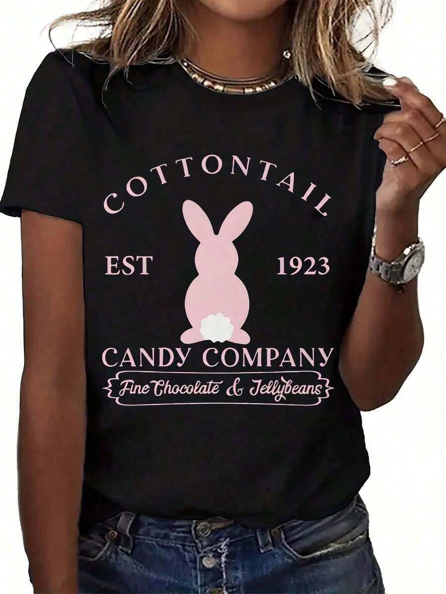 Conjuntos de primavera para mujer, camiseta de cuello redondo para mujer, camiseta de manga corta con estampado de conejo de Cotton Tail Candy Company 1923, atuendo casual de Pascua para mujer, perfecto para fiestas de primavera y uso diario, ropa de verano, tops de verano, playera. - Negro - Ver 1