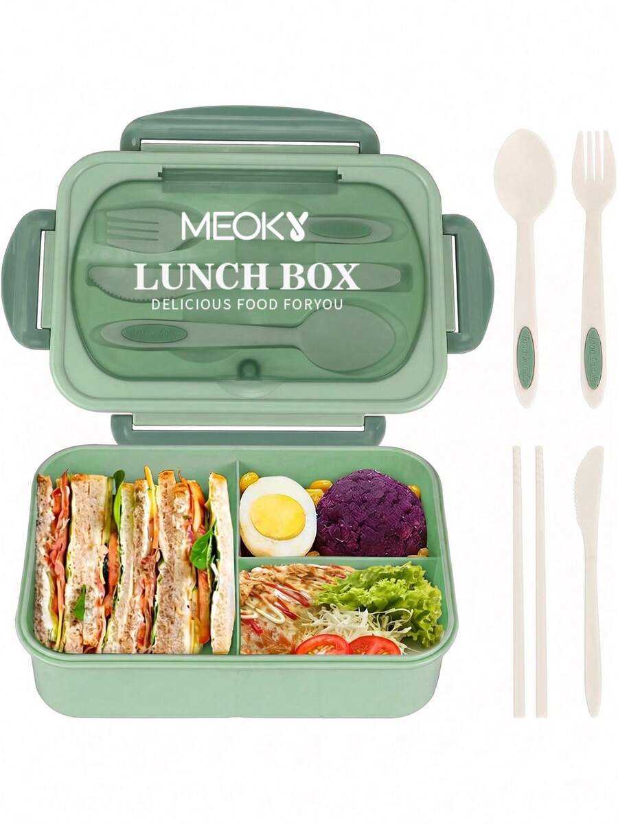 Meoky 成人便當盒套組，3格分隔餐盒，適用男女性，附餐具、醬料瓶、馬芬杯墊，可微波爐與洗碗機使用，廚房用品，聖誕禮物