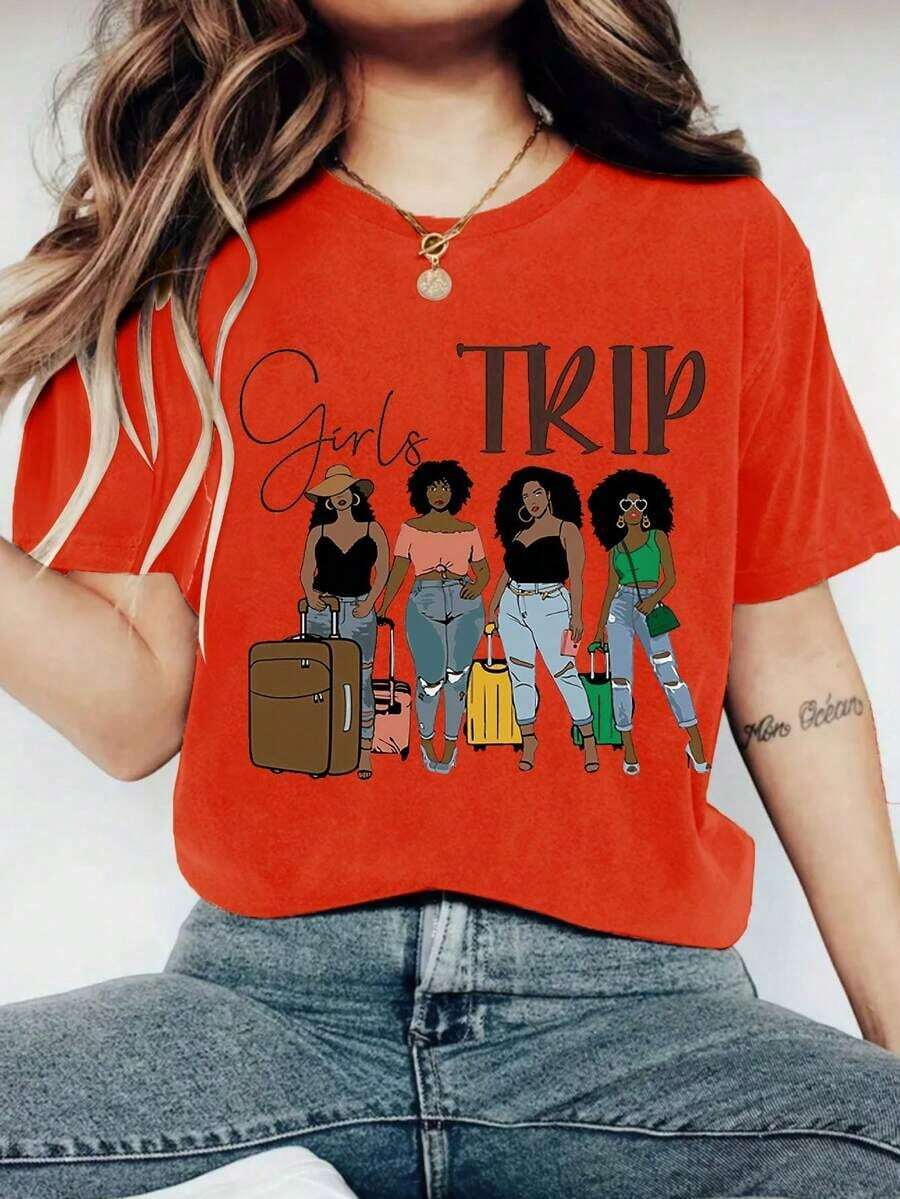GIRLS TRIP Letter Print Crew Neck T-Shirt, Casual Short Sleeve Top For Spring And Summer, Women's Clothing, 1 Piece, 200gsm, Polyester Knit Fabric With Crew Neck - 紅色 - 查看 1