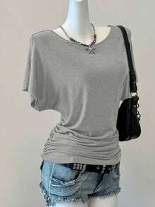 Camiseta casual de color marrón sólido para mujer, adecuada para primavera/verano - Gris - Ver 6