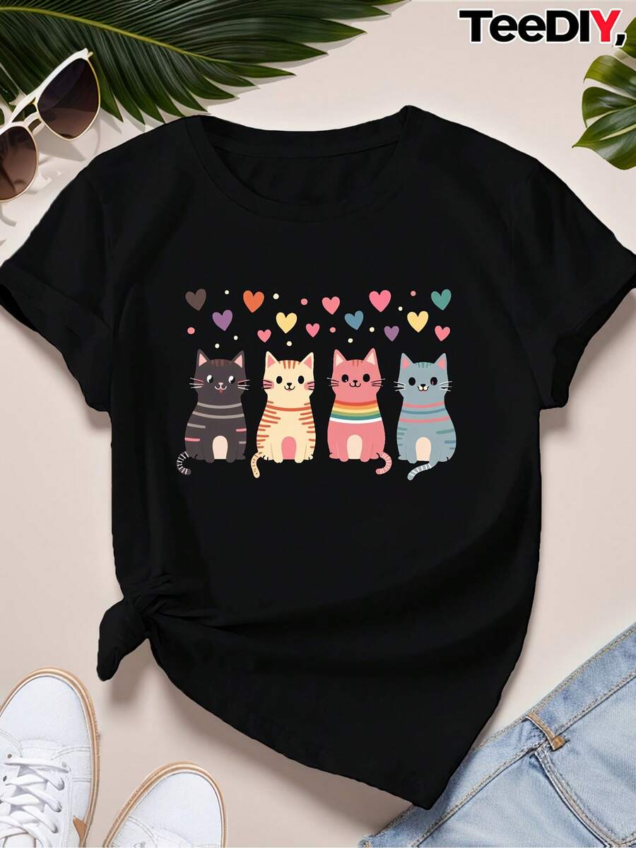 Women's Sports T-Shirt - Cartoon Striped Cat Design, Short Sleeves, Crew Neck, Polyester, Machine Washable, Casual T-Shirt | Colorful Casual Wear | Polyester Fabric, Women's T-Shirt, A Very Distinctive Printed T-Shirt / Unisex Style / Suitable For Both Men And Women / Wrinkle-Resistant / Breathable - 黑色 - 查看 1