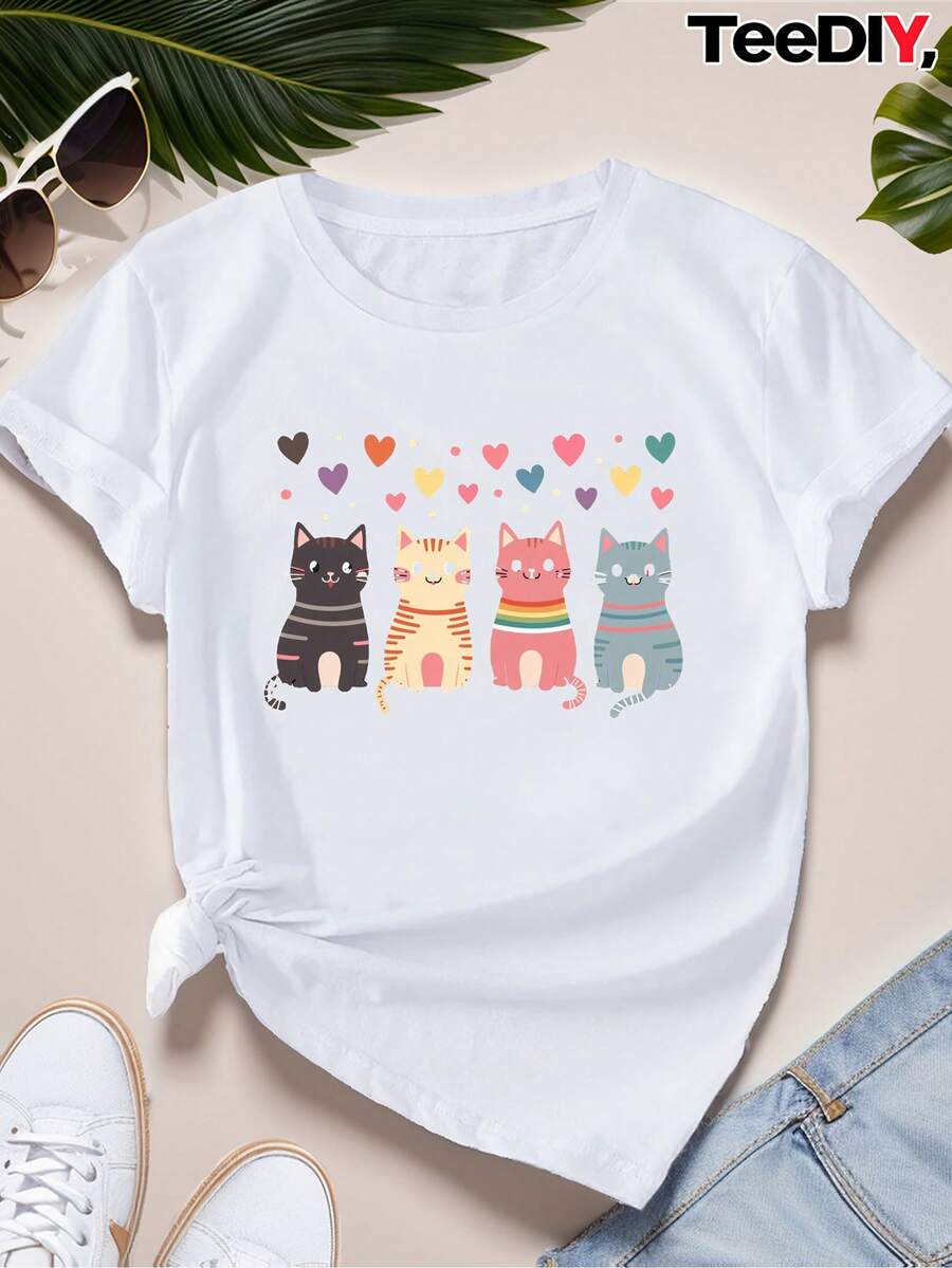 Women's Sports T-Shirt - Cartoon Striped Cat Design, Short Sleeves, Crew Neck, Polyester, Machine Washable, Casual T-Shirt | Colorful Casual Wear | Polyester Fabric, Women's T-Shirt, A Very Distinctive Printed T-Shirt / Unisex Style / Suitable For Both Men And Women / Wrinkle-Resistant / Breathable - 白色 - 查看 1
