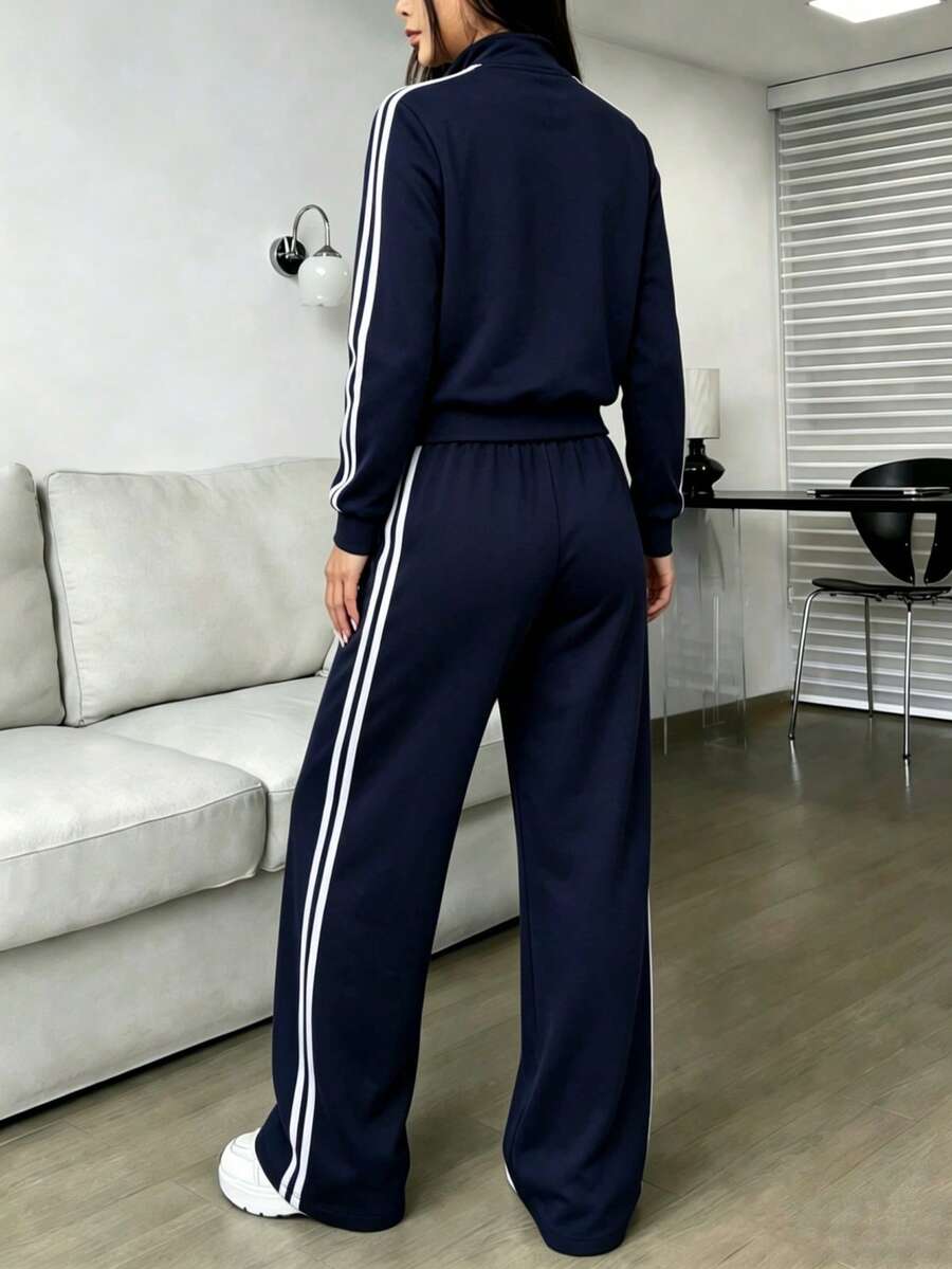 Women's Long Sleeve Crop Top And Pants Set With Color Block Design - Navy Blue - View 1