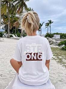 Nueva Colección 2026: Camiseta de Algodón para Mujer, Oversize, Blanca, con Estampado 'Strong', Casual, Manga Corta, Cuello Redondo, Hombros Caídos, Algodón Ligero - Blanco - Ver 3