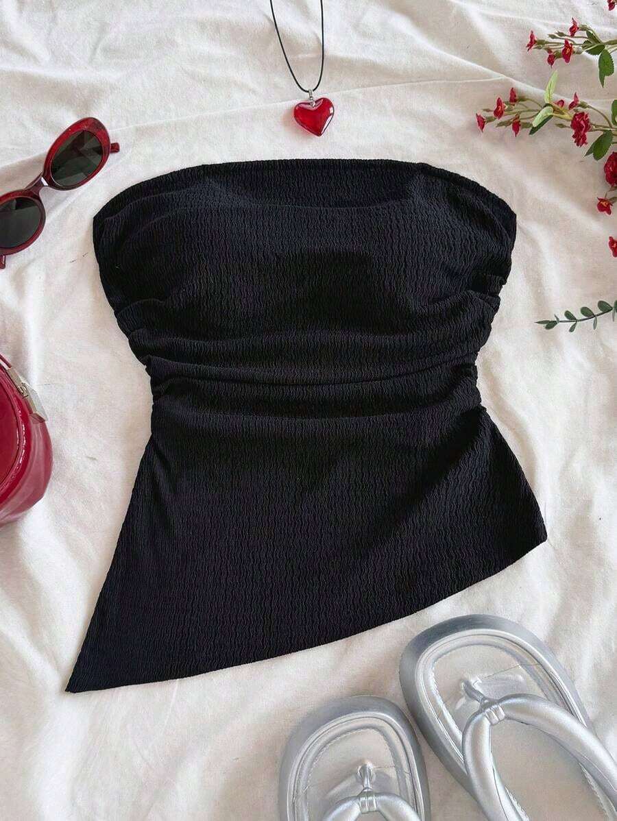 Blusa ajustada con diseño arrugado, abertura lateral y bajo asimétrico en textura azul para vacaciones de mujer - Negro - Ver 1