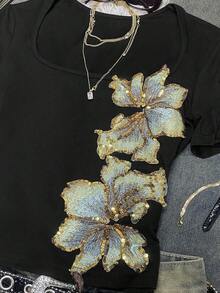 Camiseta de manga corta con cuello cuadrado, estilo minimalista y casual de verano, adecuada para uso diario, escuela y transporte.Simple y versátil, con estilo retro de los años 2000. - Multicolor - Ver 4