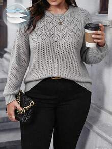 Plus Size Elegant Grey Hollow Out Knit Sweater, Casual Round Neck Long Sleeve Thin Pullover, Summer Daily Going Out Top For Women - Grey - View 5