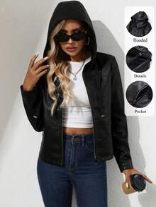 Women's Faux Leather Motorcycle Jacket With Hood - Black New - View 2
