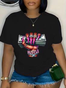 Unisex T-Shirt Made Of Pure Cotton, Women's "Hustle" Graphic T-Shirt - 100% Stretchable, Trim, Neck, Short Sleeves, Top With Bold Pink Hustle Print, Not See-Through & Machine Washable, Black, Casual, For Spring/Summer, Casual Clothing, Women's Shirts, Everyday Comfort, Relaxed Fit, Not See-Through Fabric, Spring Fashion,  Design, Breathable Material, Printed Shirt, Fashion Lovers, Summer T-Shirt, Summer Clothing For Women, Men's Summer Outfit, Women's Shirt, Creative Design, Outdoor Play, Cool Style, Fun Design, Great For Outdoor Play - Black - View 5