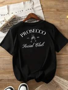 Casual Women's T-Shirt, Short Sleeves And Round Neck, Printed On The Front And Back, Prosecco Social Club Design, Ideal For Summer And Spring, Women's Clothing. - Black - View 2