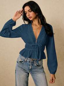 Blusa de manga larga con cuello en V profundo y lazo al frente, elegante para oficina, de unicolor - Agua verde azul - Ver 4
