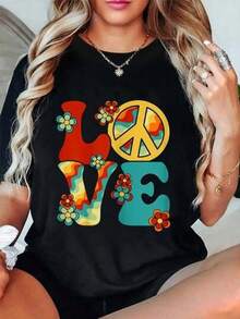 Clothing (Only Available For The Short-Sleeved T-Shirt Shown In The Image) 100% Cotton T-Shirt With The Love And Peace Symbol, 60s And 70s Style, For Costume Parties, Groovy Hippie. Short-Sleeved T-Shirts For Girls, Perfect For Sharing With Friends. - 黑色 - 查看 6