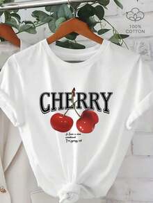 Camiseta de manga corta para mujer con estampado de cerezas 100% - Blusa suave y transpirable de cuello redondo para atuendo casual de primavera y verano - Lavable a máquina, diseño de frutas 100% - Blanco - Ver 1