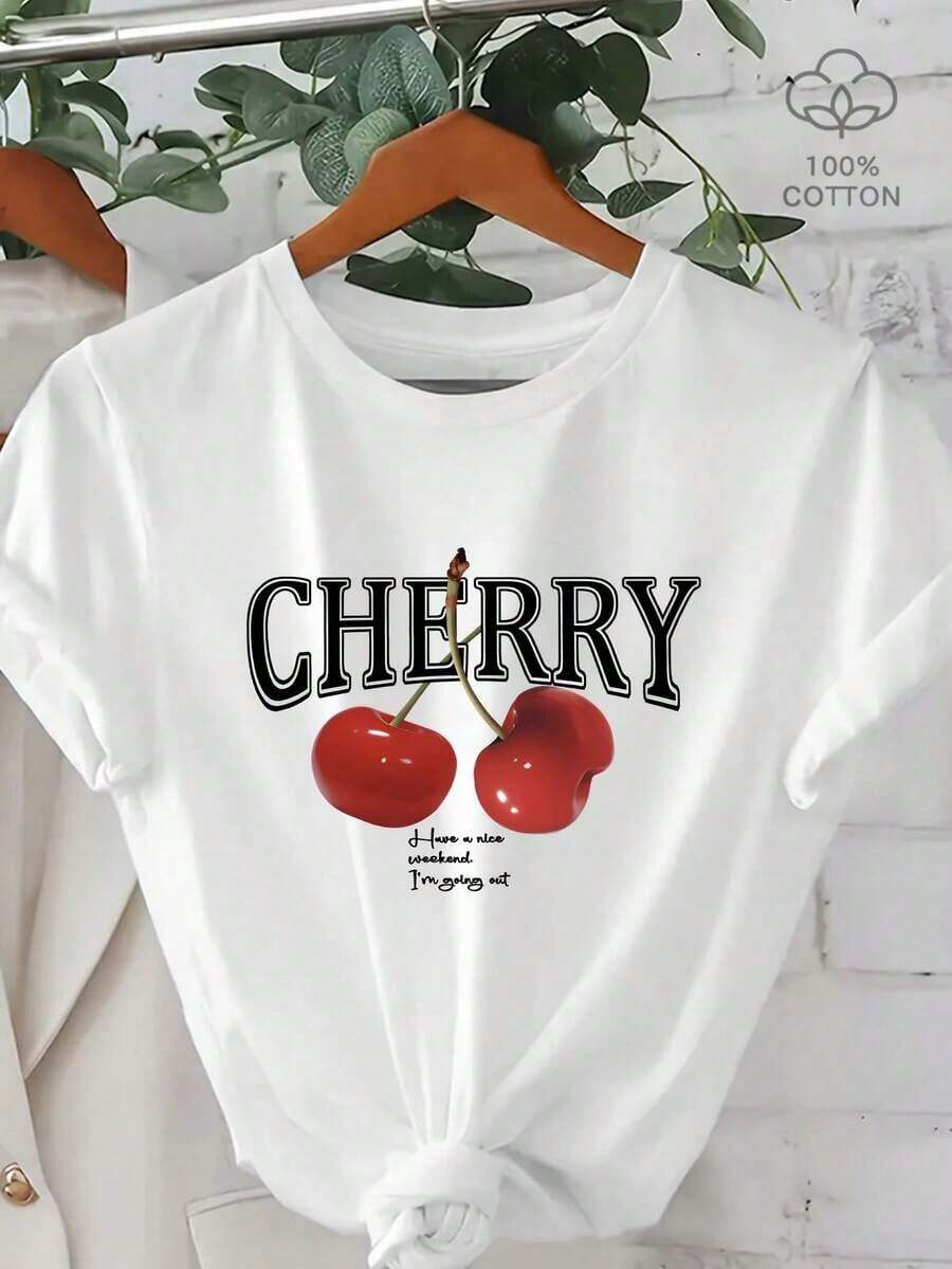Camiseta de manga corta para mujer con estampado de cerezas 100% - Blusa suave y transpirable de cuello redondo para atuendo casual de primavera y verano - Lavable a máquina, diseño de frutas 100% - Blanco - Ver 1