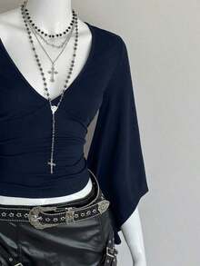 Camiseta ajustada con cuello en V profundo y mangas acampanadas sexy - azul real - Ver 4