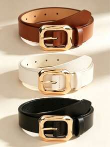 3pcs Gold Geometric Square Buckle Decor Retro Outdoor Style Women's Belt, Suitable For Dresses, Jeans And Plus Size Casual Wear - Multicolor - View 8