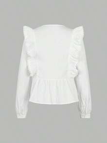 ii Blusa de manga larga con volantes, parches de encaje y unicolor casual blanca para primavera - Blanco - Ver 4