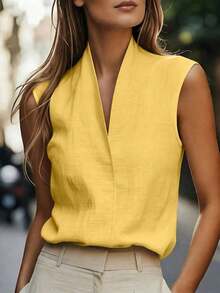 Camiseta sin mangas casual/de trabajo para mujer, estilo europeo y americano, ropa de ocio elegante en beige, azul, rosa, verde para el verano - Amarillo - Ver 3