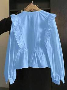 ii Blusa de manga larga con volantes, parches de encaje y unicolor casual blanca para primavera - Azul - Ver 4