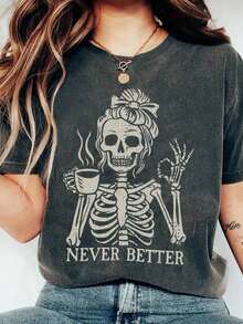 Fashionable Plus Size Women's T-Shirt With Coffee Skull Letter Slogan, Round Neck And Short Sleeve. - 深灰色 5 - 查看 1