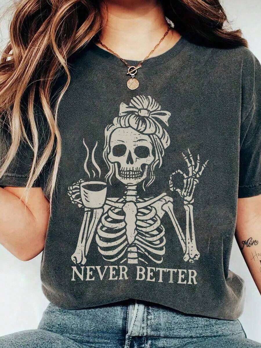 Fashionable Plus Size Women's T-Shirt With Coffee Skull Letter Slogan, Round Neck And Short Sleeve. - 深灰色 5 - 查看 1