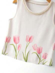 Blusa de tirantes elegante con estampado floral y cuello de perlas brillantes para mujer, adecuada para citas, salidas casuales, ir al trabajo, tomar el té por la tarde, Día de la Madre, Día del Maestro - Multicolor - Ver 8