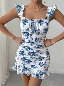 Vestido con estampado floral, volantes y bajo sexy para mujer - Azul 2 - Ver 5