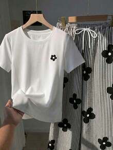 2 piezas Conjunto de top de manga corta con estampado floral bordado falso y rayas y pantalones a rayas, atuendo casual adecuado para el uso diario, citas, fiestas, otoño/invierno/verano, Navidad, Año Nuevo, Acción de Gracias, fiestas, bodas, - Multicolor - Ver 4