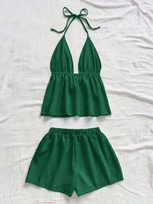 Conjunto de 2 piezas de vacaciones para mujer, top de tirantes con escote en V con textura rojo y shorts sueltos extremadamente cortos, adecuado para citas, fiestas y paseos por la ciudad - Verde Oscuro - Ver 2