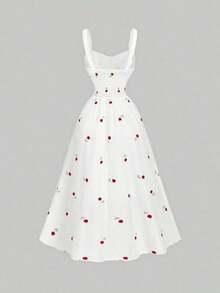 Vestido de longitud media con cintura fruncida y bordado floral para mujer - Rojo y blanco - Ver 5
