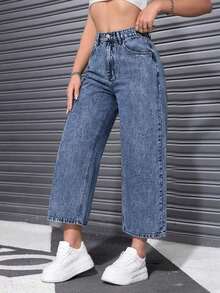 Jeans casuales de cintura alta con bolsillos y pierna ancha - Lavado ligero - Ver 4