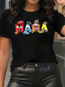 1 pieza de camiseta de  para el Día de la Madre, con estampado gráfico popular que muestra al personaje de dibujos animados Rayo McQueen con letras geniales M A M A. Camiseta de manga corta con cuello redondo, diseño divertido para padres, casual, cómoda y elegante, adecuada para primavera y verano, 180g, 100% algodón. - Negro - Ver 8