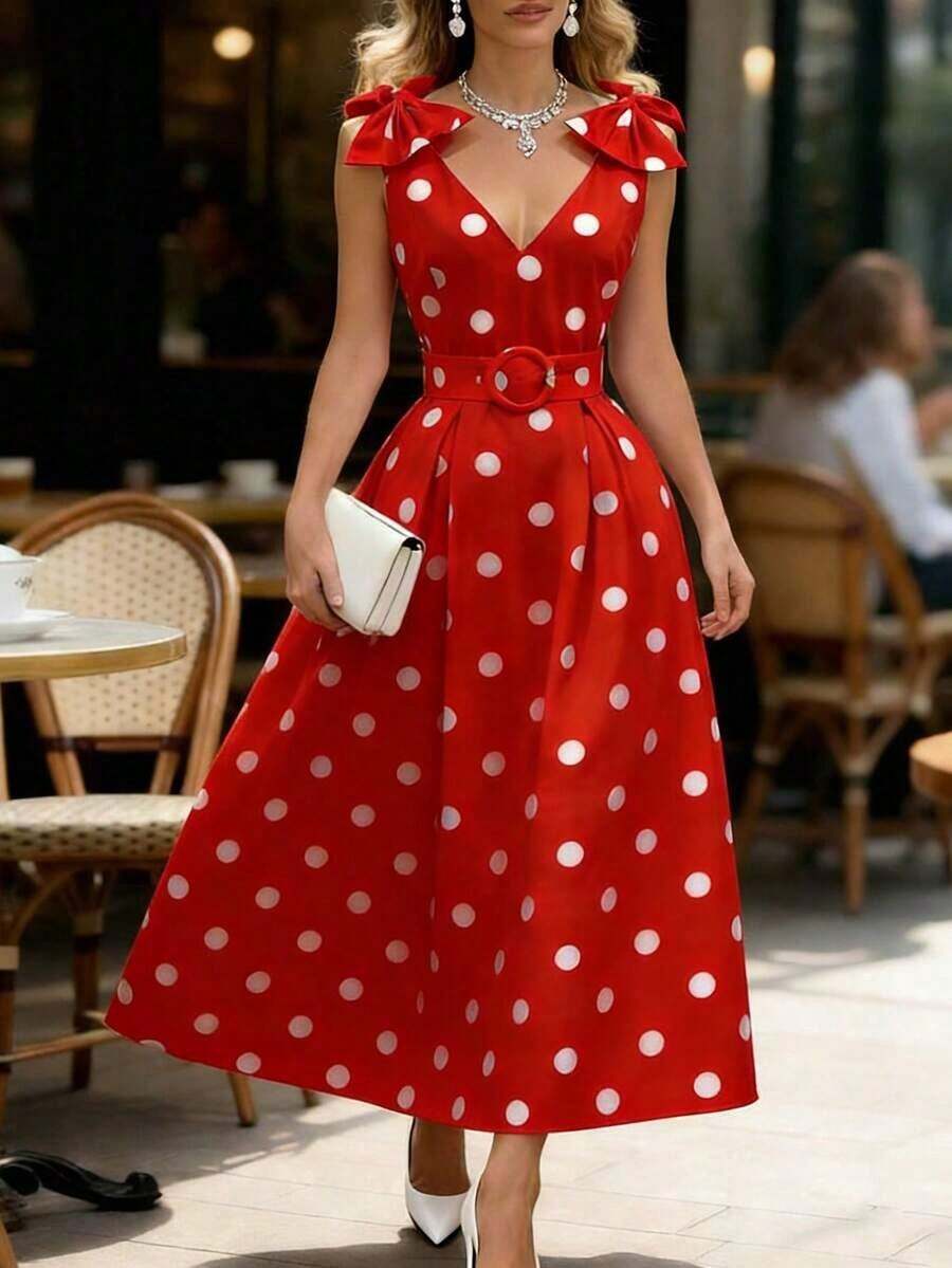 Vestido elegante de mujer con decoración de lazo a lunares para fiestas navideñas y de Año Nuevo - Rojo - Ver 1