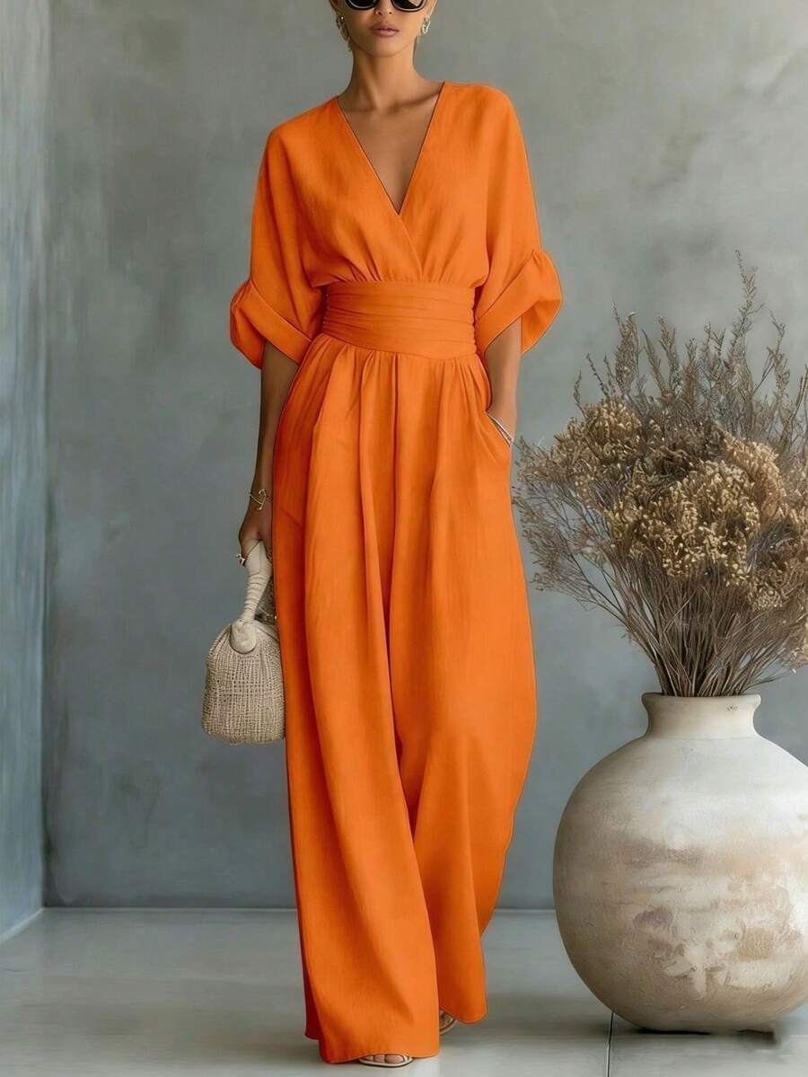 Mono de mujer elegante con cintura entallada y escote en V - Naranja - Ver 1