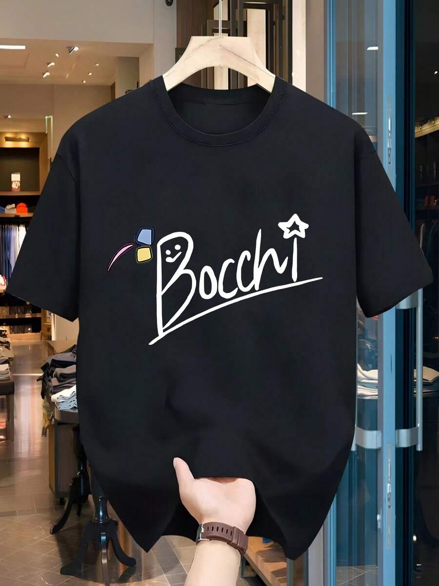 Camiseta Deportiva Casual Elegante para Hombre - Tejido Transpirable de Secado Rápido, Cuello Redondo, Manga Corta, Perfecta para Correr y Actividades al Aire Libre, Blanca con Diseño Gráfico "Bocchi", Esencial para el Verano, Ropa Deportiva |   Camiseta de cuello redondo |   Ajuste Cómodo - Negro - Ver 1