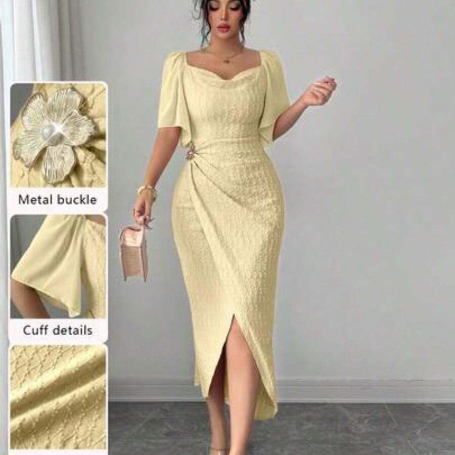 Women's Metal Buckle Color Block Ruffle Collar Petal Sleeve Fitted Elegant Dress, Spring/Summer Dress With Metal Buckle Pink Midi Dress - Amarillo - Ver 1