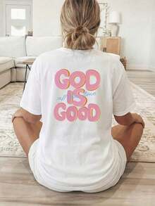 Women's Short-Sleeved Summer T-Shirts With A Double-Sided Print On The Front And Back, Short Sleeves, And A Crew Neck. Features A 3D Pink Print Of The Phrase "GOD IS GOOD". Made From Breathable, Machine-Washable Fabric, Suitable For Year-Round Comfort. 100% Cotton Graphic T-Shirts For Women. - 白色 - 查看 3
