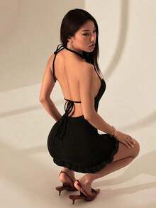 Vestido mini ajustado con escote halter y espalda con lazos para mujer - Negro - Ver 2