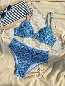 Swim Mod Bikini de 2 piezas con parte superior con aros y tirantes ajustables, y Bottom de tiro alto, con estampado floral ditsy en color fucsia, para vacaciones, Primavera/Verano 2026 - Multicolor - Ver 3