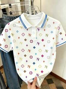 Camiseta de manga corta con media cremallera y estampado de letras casual para mujer, de verano - Multicolor 4 - Ver 3