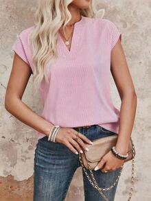 Camisa de cuello con muesca a rayas, casual/para el trabajo, de verano - Rosa Pálido - Ver 3