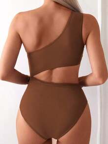Swim 1 pieza Traje de baño de una pieza para mujer con diseño calado y fruncido en color liso - Marrón - Ver 2