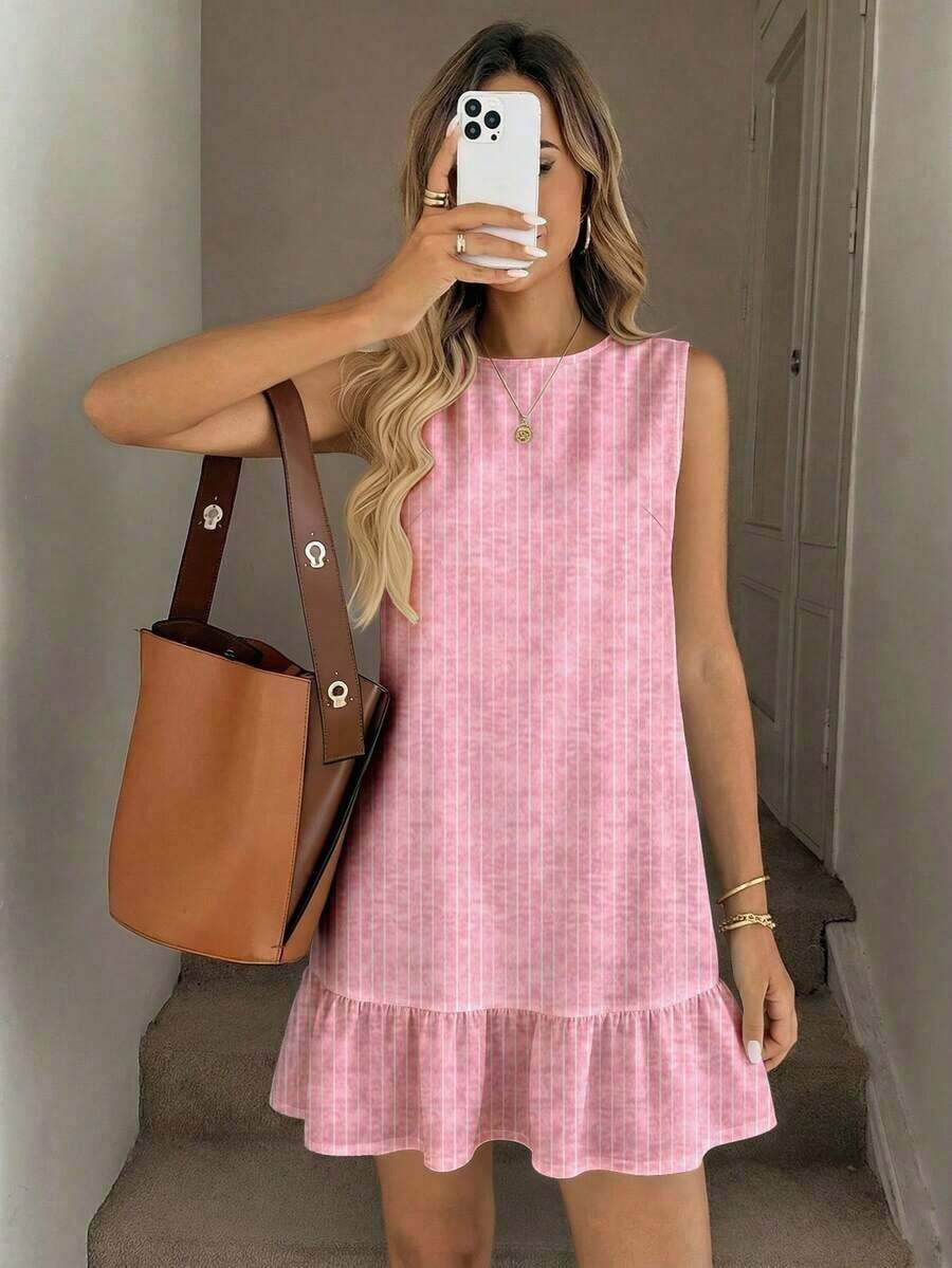 Vestido mini casual con estampado de rayas para mujer, adecuado para primavera/verano - Rosa - Ver 1