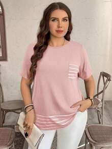 Camiseta casual de talla grande con bolsillo y rayas de contraste, prenda de vestir occidental estilo boho bohemio, top de festival de los 90, verano y primavera - Rosa - Ver 5