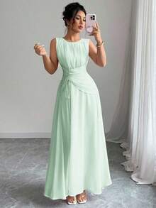 Vestido maxi casual, romántico, vintage y elegante de gasa para mujer con cordón en la cintura, para la playa, el té de la tarde, fiestas de noche, uso diario, sin mangas, de unicolor, vestido largo, primavera/verano - verde menta - Ver 8
